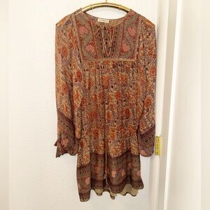 Ulla Johnson Floral Paisley Long-Sleeve Mini Dress in Beige, Rust, Pink
